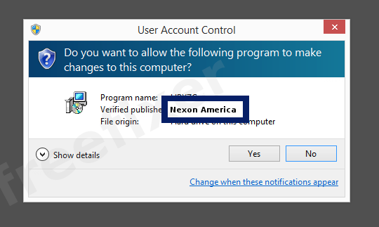 Screenshot where Nexon America appears as the verified publisher in the UAC dialog